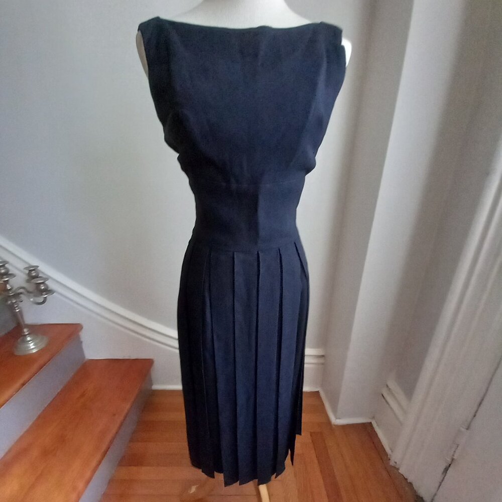 VINTAGE 60S JUNIOR ACCENT BLACK PLEAT STRIP SKIRT CAR WASH DRESS S